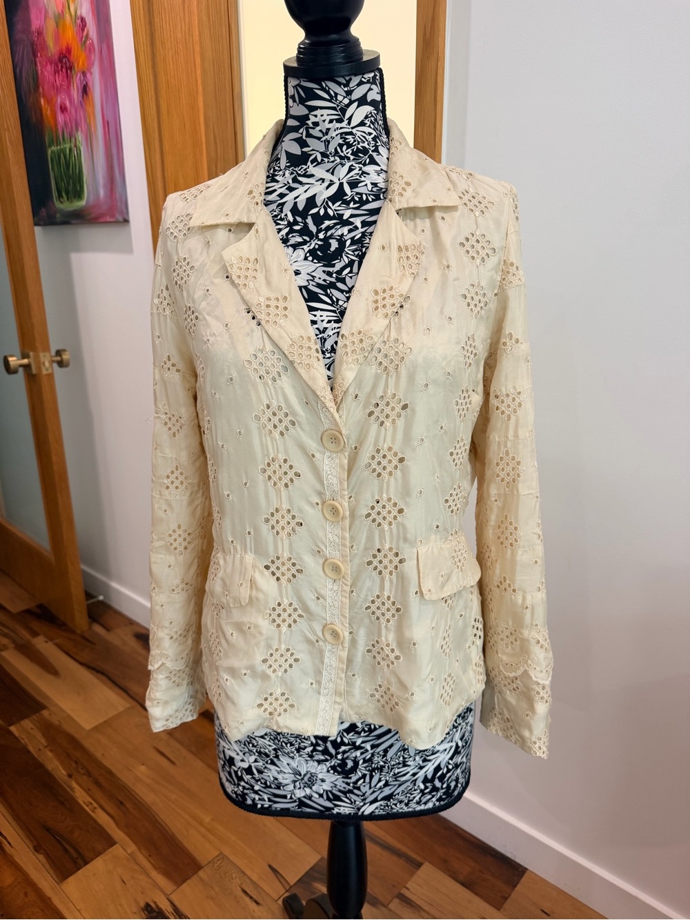 Biya by Johnny Was Ivory Eyelet Embroidered Silk Blazer